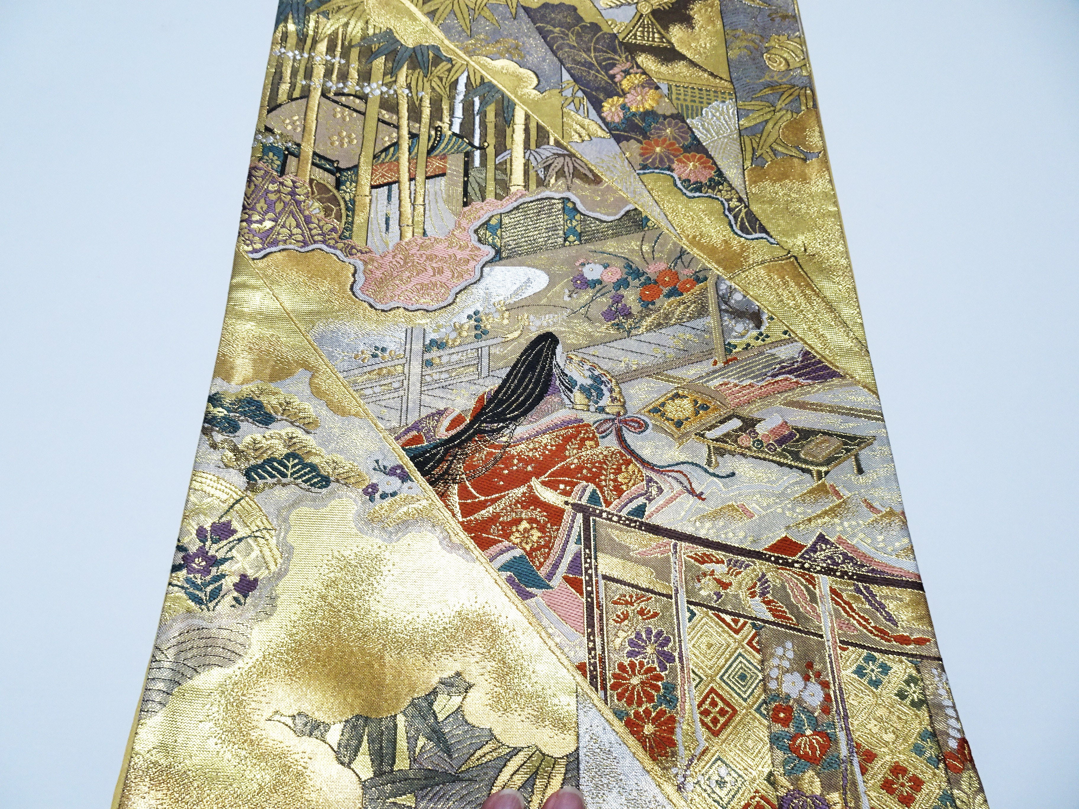 Japanese Kimono Silk Fukuro Obi Full-Length Pattern Featuring Heian Court Figures and Landscapes  18098