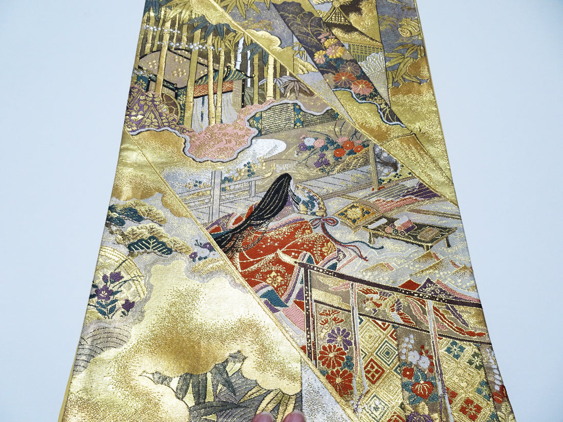 Japanese Kimono Silk Fukuro Obi Full-Length Pattern Featuring Heian Court Figures and Landscapes  18098
