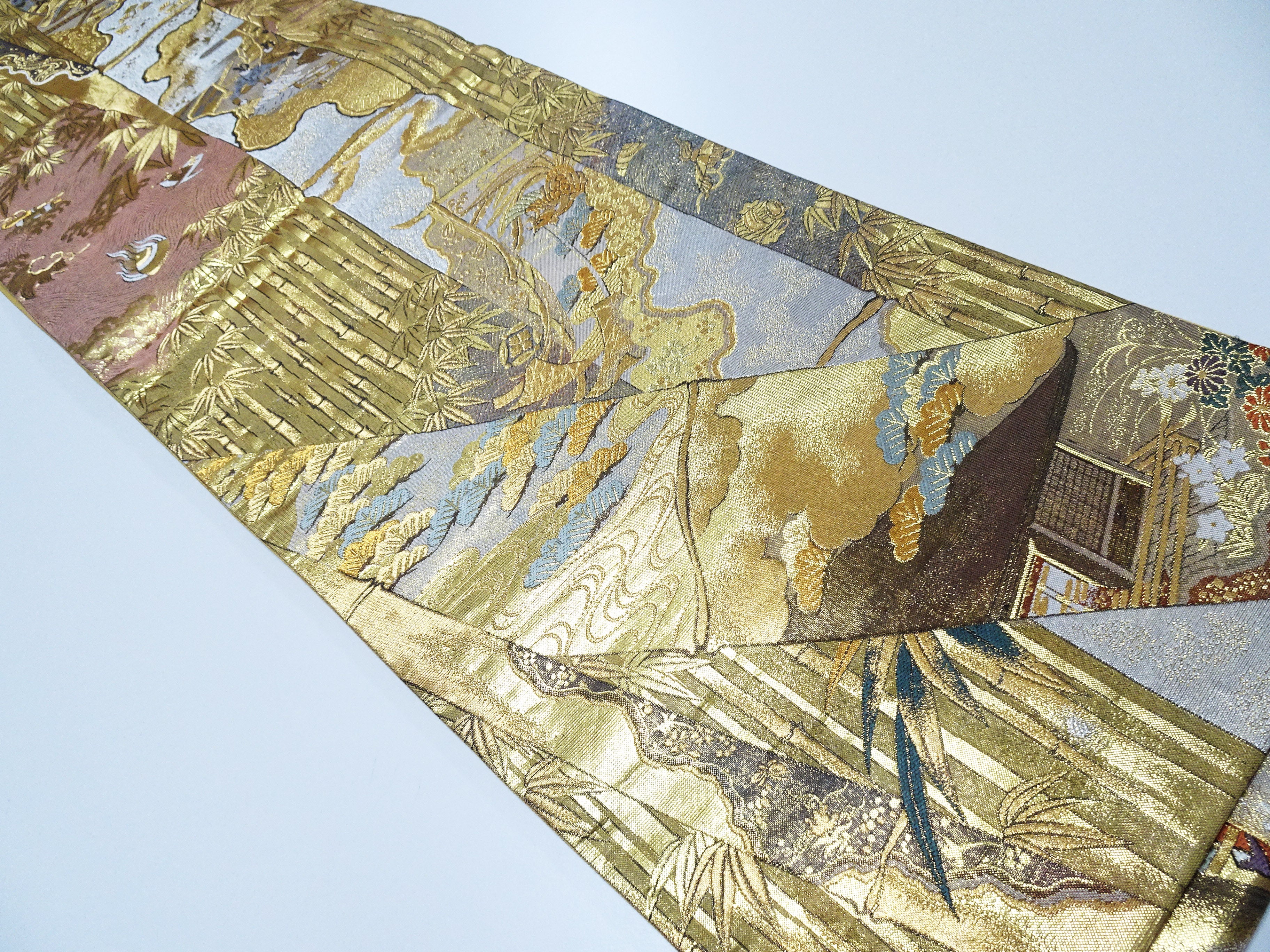 Japanese Kimono Silk Fukuro Obi Full-Length Pattern Featuring Heian Court Figures and Landscapes  18098