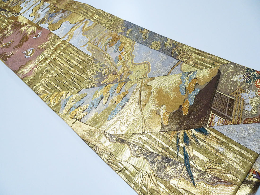 Japanese Kimono Silk Fukuro Obi Full-Length Pattern Featuring Heian Court Figures and Landscapes  18098