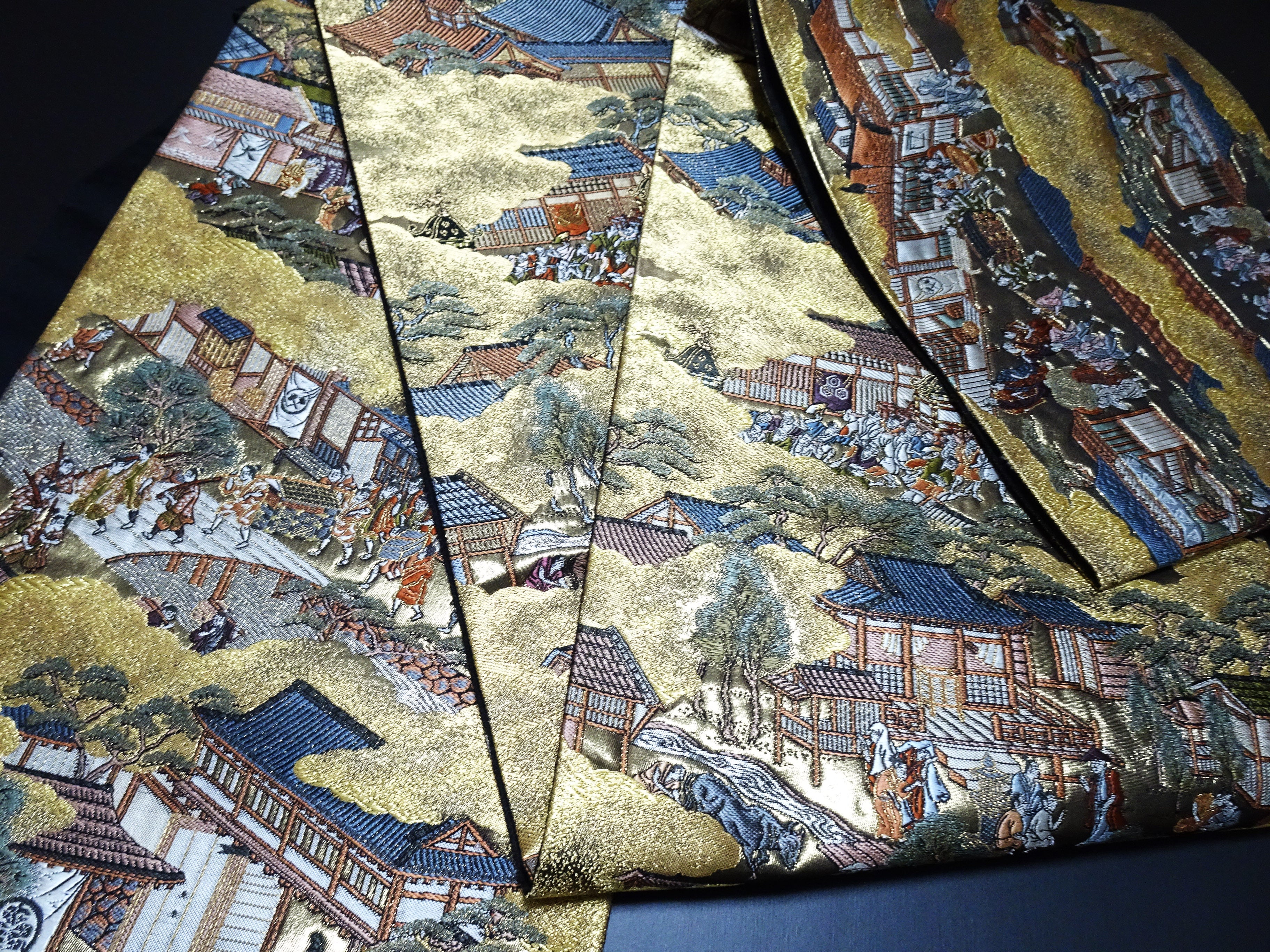 Japanese Kimono Silk Fukuro Obi Rakuchu Rakugai Elegant Woven Pattern 17514