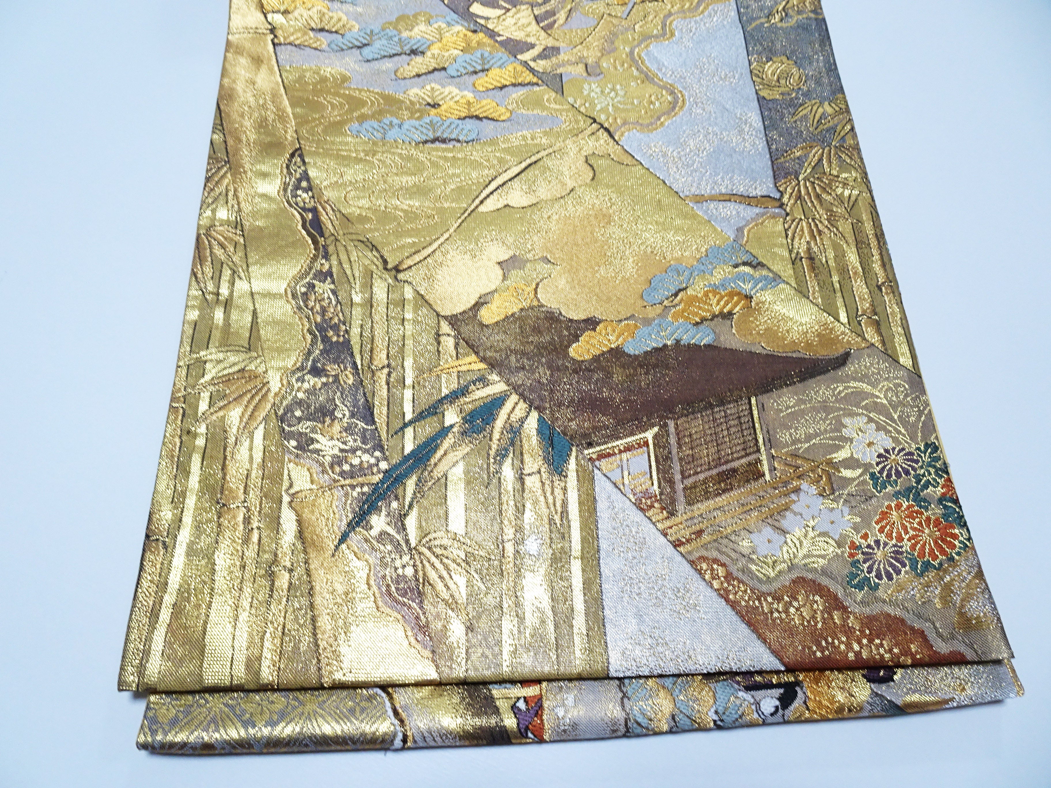 Japanese Kimono Silk Fukuro Obi Full-Length Pattern Featuring Heian Court Figures and Landscapes  18098