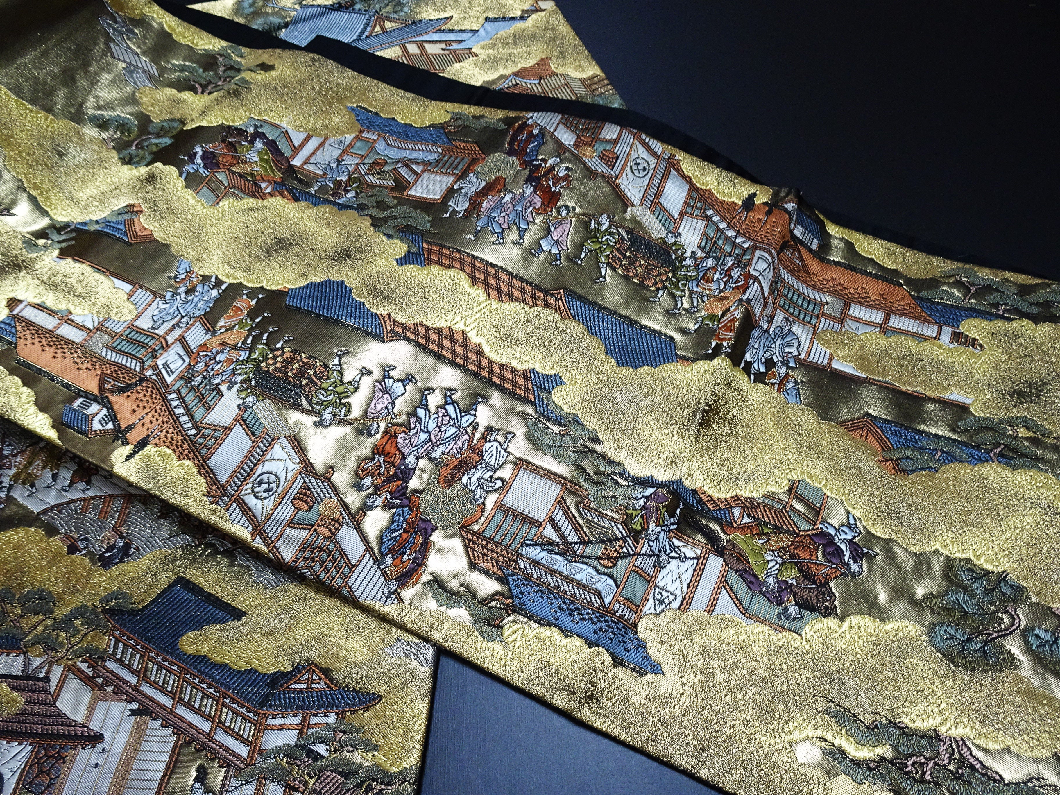 Japanese Kimono Silk Fukuro Obi Rakuchu Rakugai Elegant Woven Pattern 17514