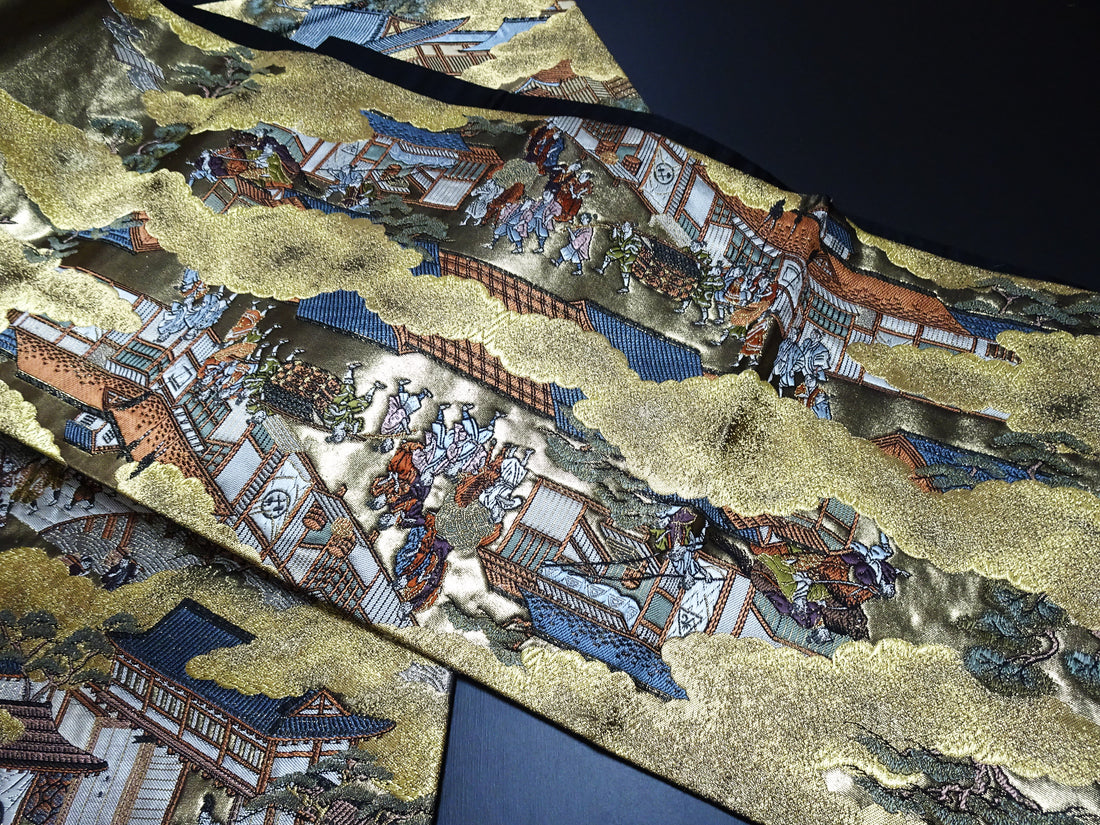 Japanese Kimono Silk Fukuro Obi Rakuchu Rakugai Elegant Woven Pattern 17514