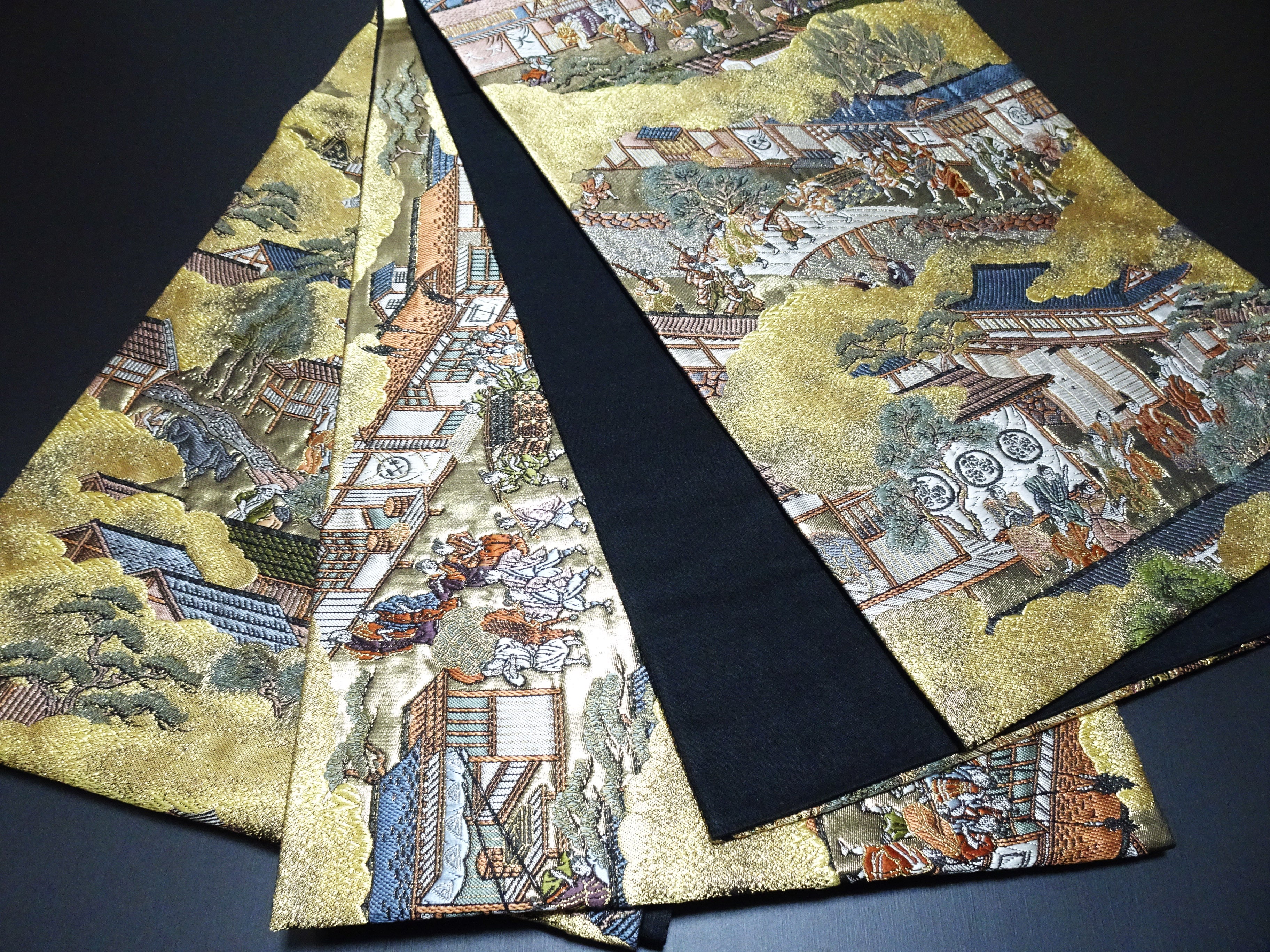 Japanese Kimono Silk Fukuro Obi Rakuchu Rakugai Elegant Woven Pattern 17514