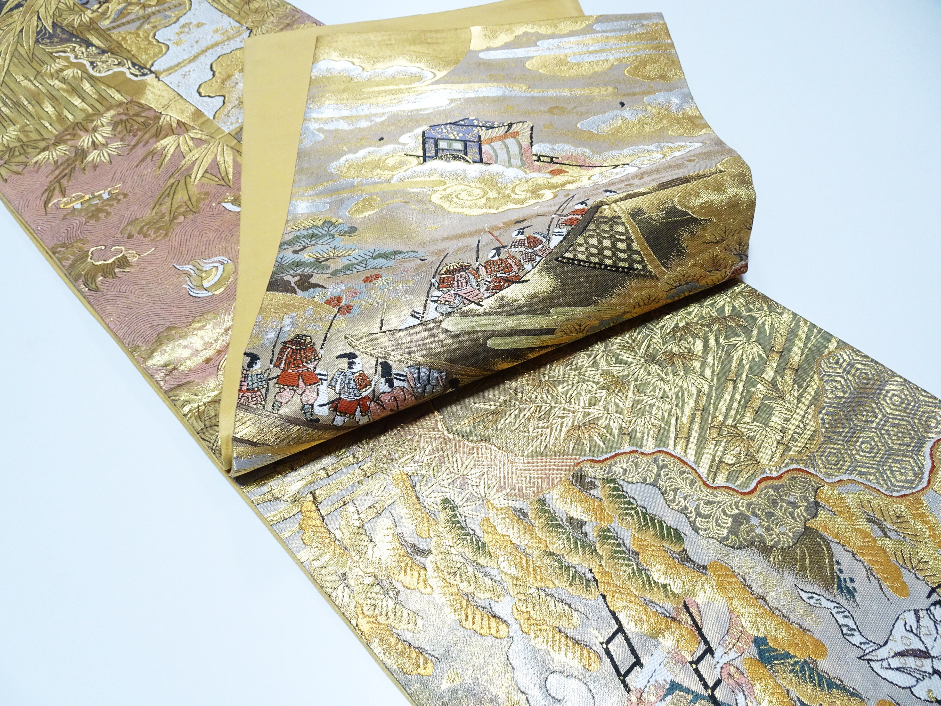 Japanese Kimono Silk Fukuro Obi Full-Length Pattern Featuring Heian Court Figures and Landscapes  18098