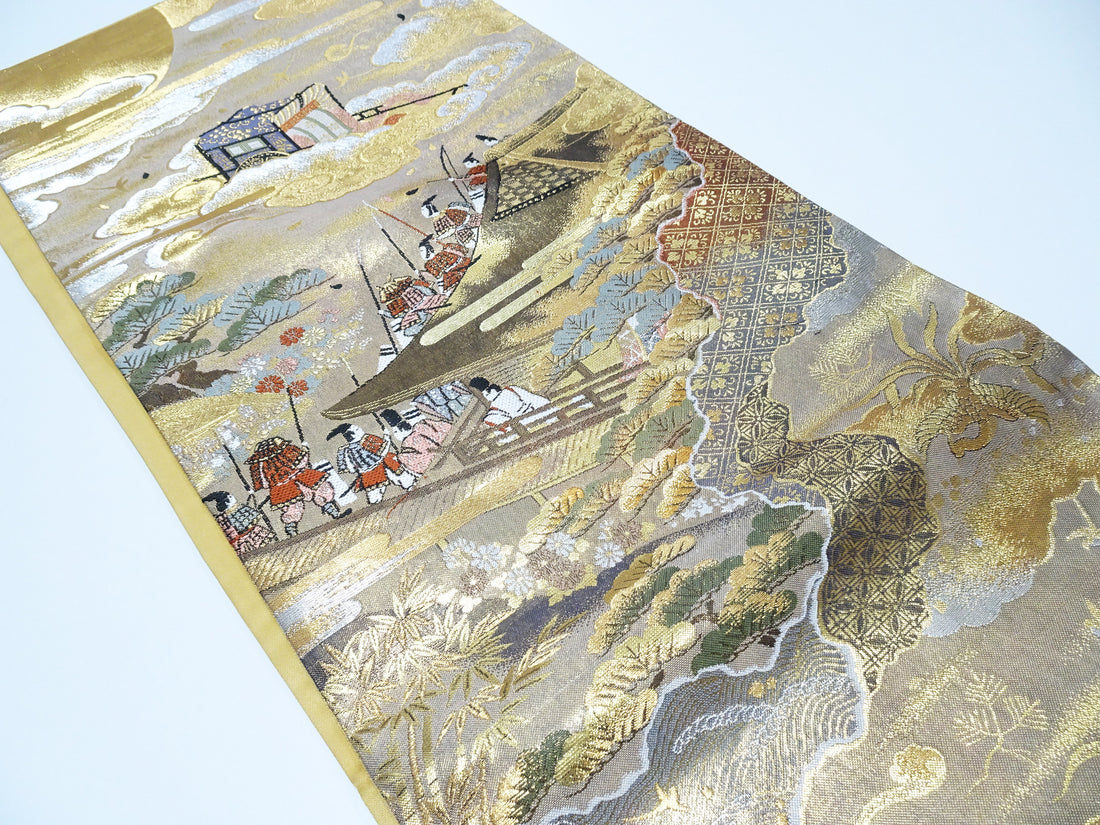 Japanese Kimono Silk Fukuro Obi Full-Length Pattern Featuring Heian Court Figures and Landscapes  18098