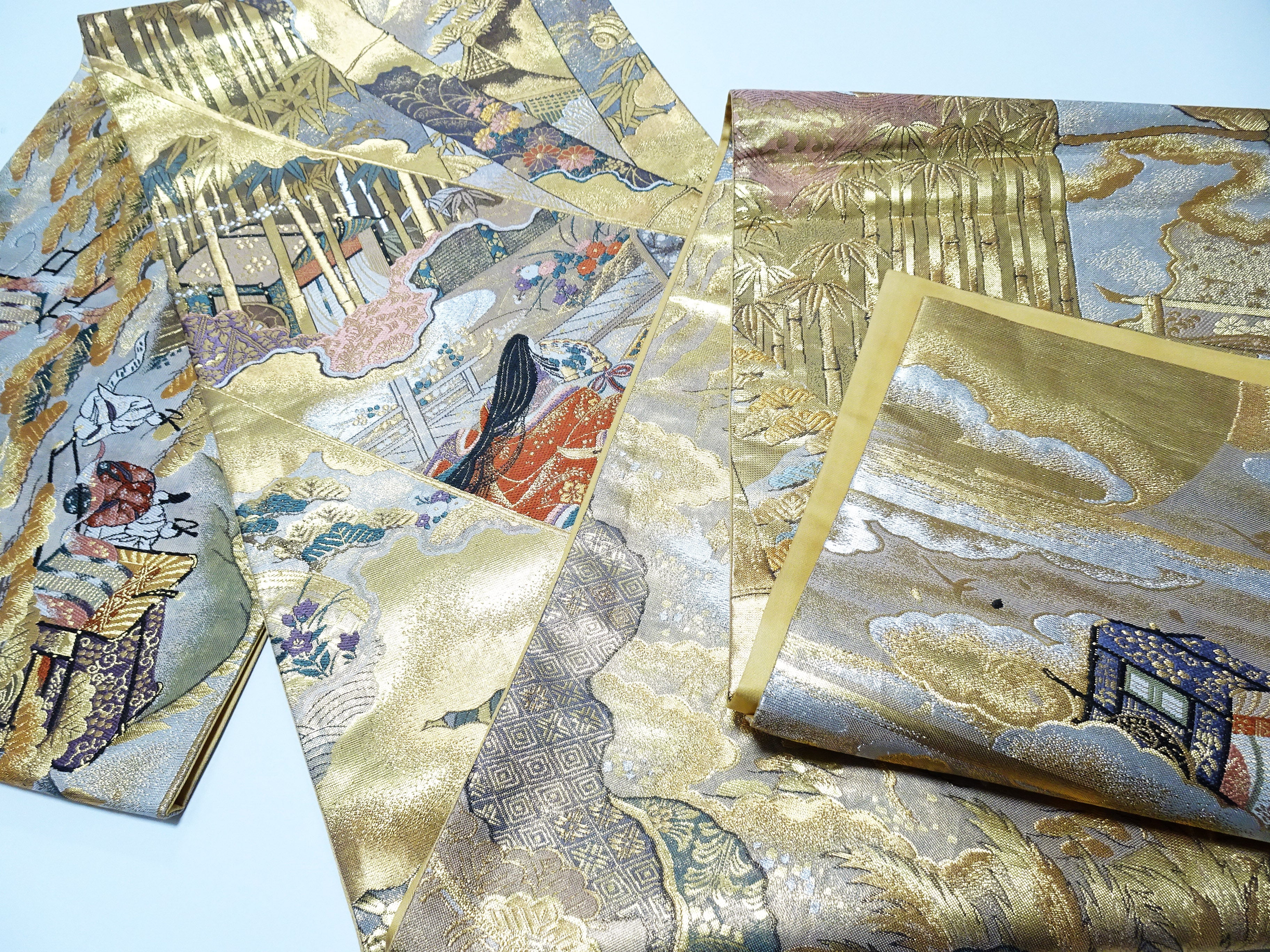 Japanese Kimono Silk Fukuro Obi Full-Length Pattern Featuring Heian Court Figures and Landscapes  18098
