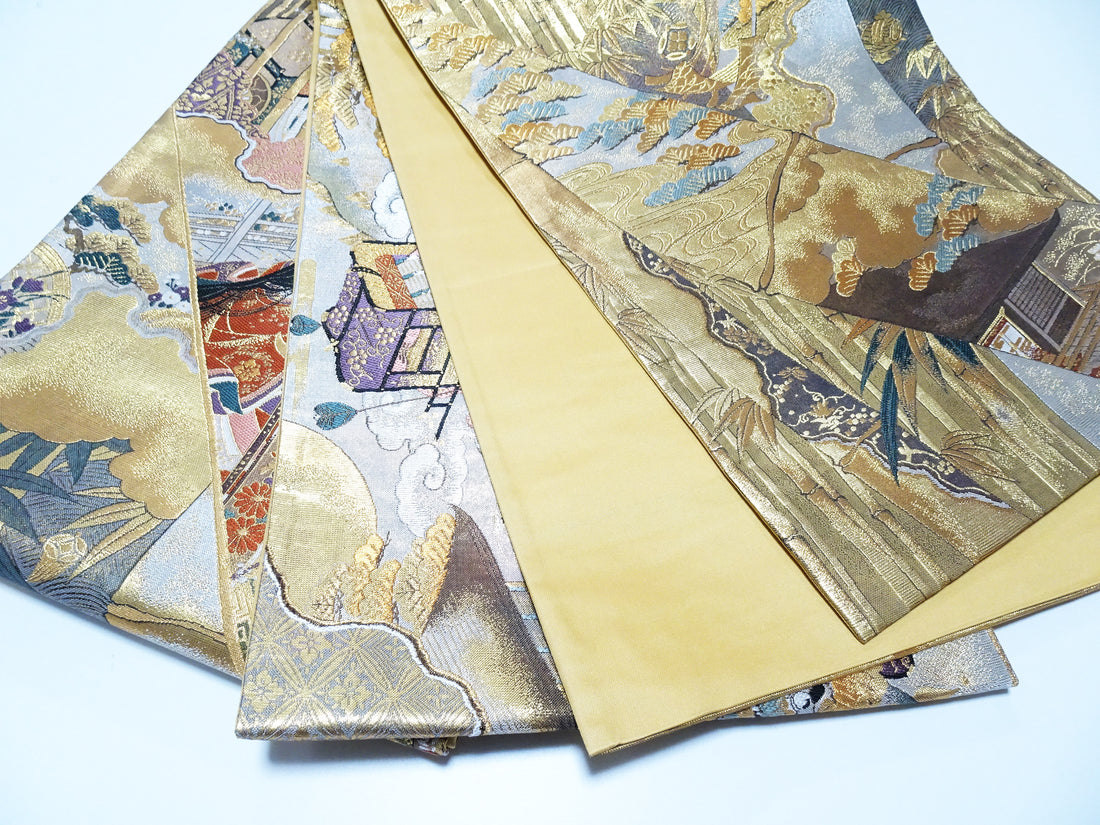 Japanese Kimono Silk Fukuro Obi Full-Length Pattern Featuring Heian Court Figures and Landscapes  18098