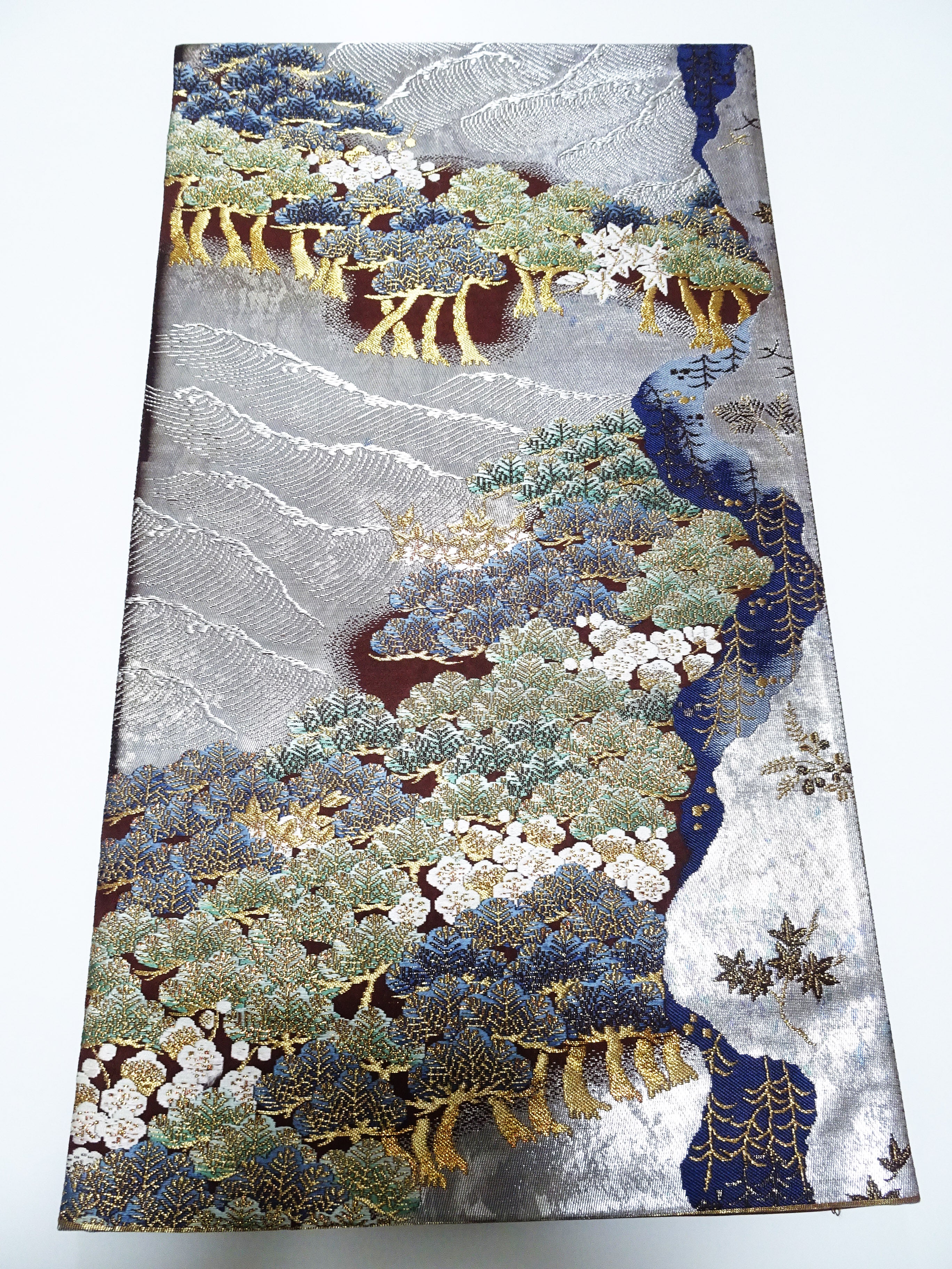 Japanese Kimono Silk Fukuro Obi Pine and Waves Elegant Woven Pattern 18099