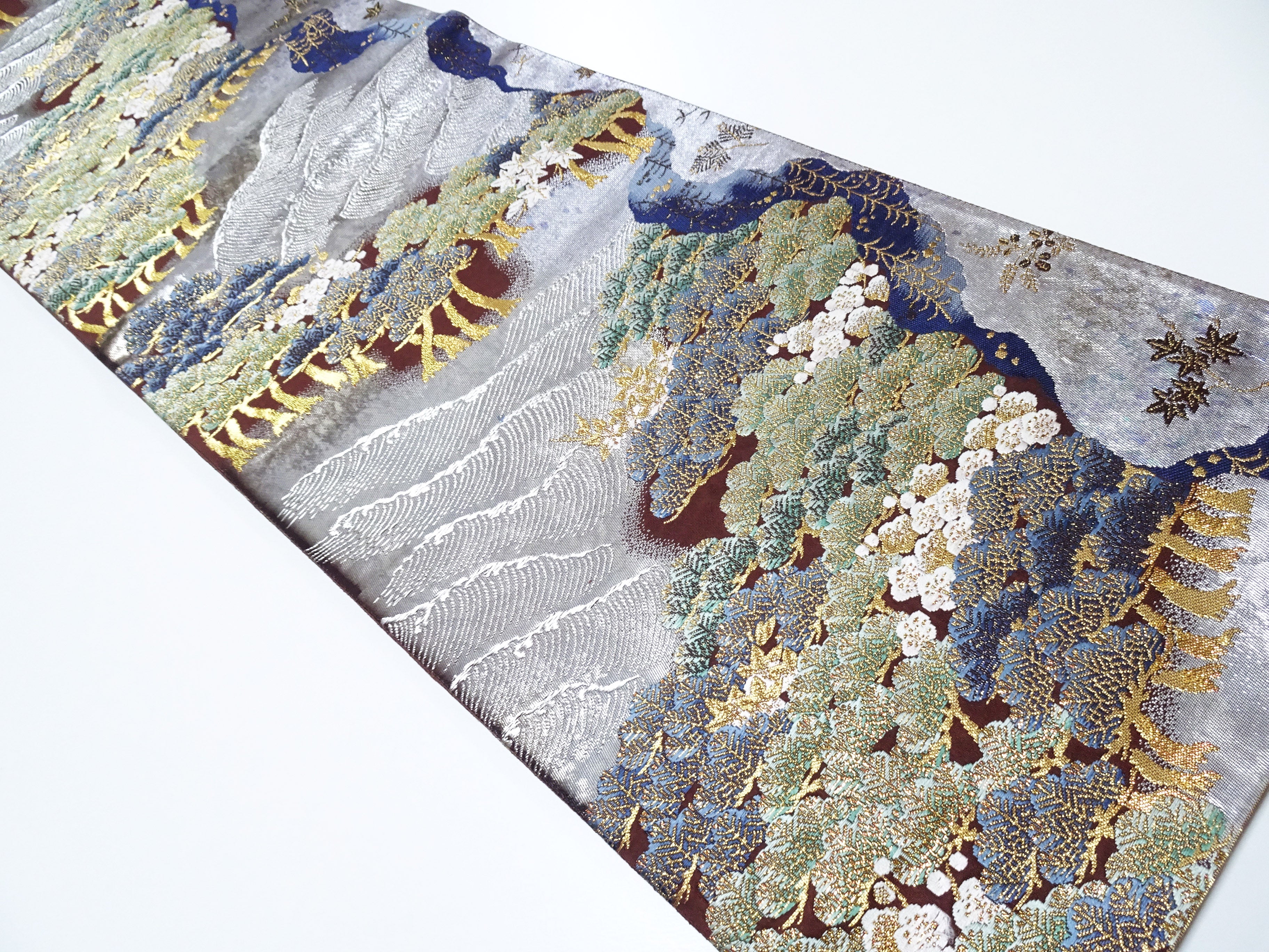 Japanese Kimono Silk Fukuro Obi Pine and Waves Elegant Woven Pattern 18099