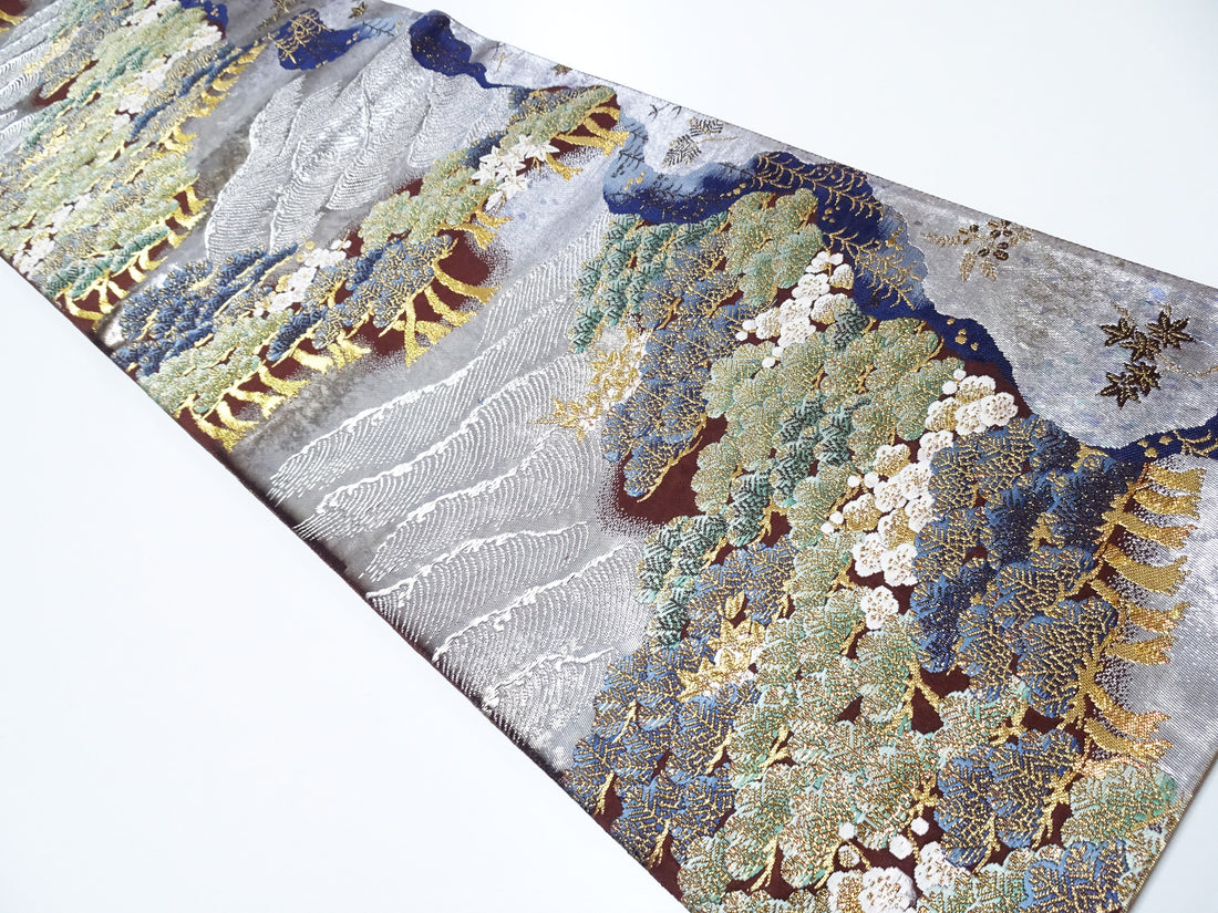 Japanese Kimono Silk Fukuro Obi Pine and Waves Elegant Woven Pattern 18099
