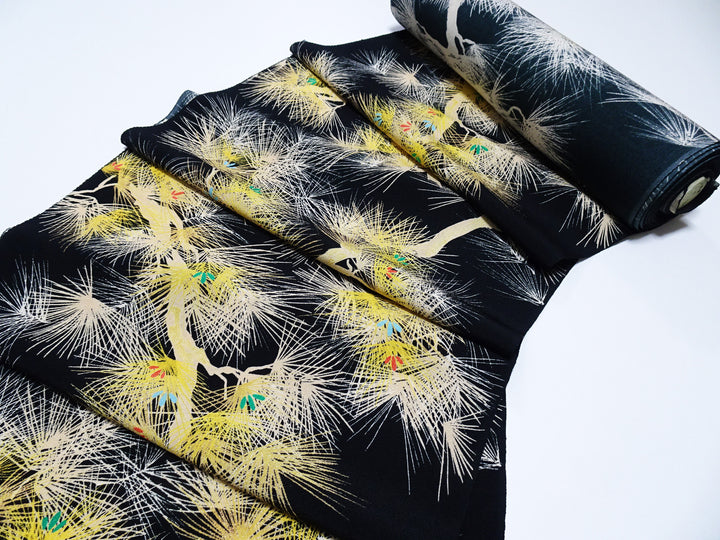 Rare Antique Tango Chirimen Kimono Fabric – Pine Motif on Black Taisho–Early Showa Era | Exceptionally Soft Silk Komon Bolt 14278