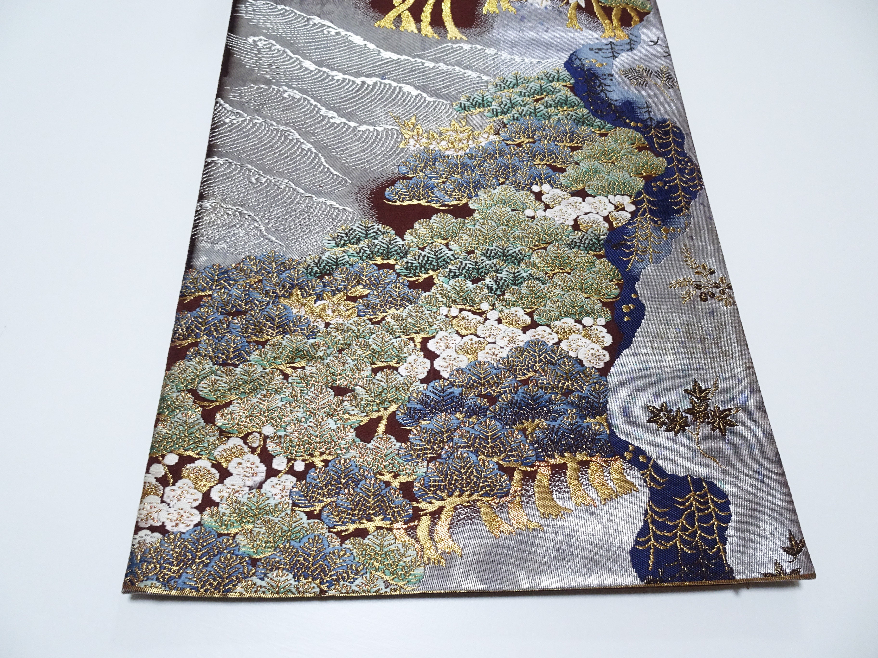 Japanese Kimono Silk Fukuro Obi Pine and Waves Elegant Woven Pattern 18099