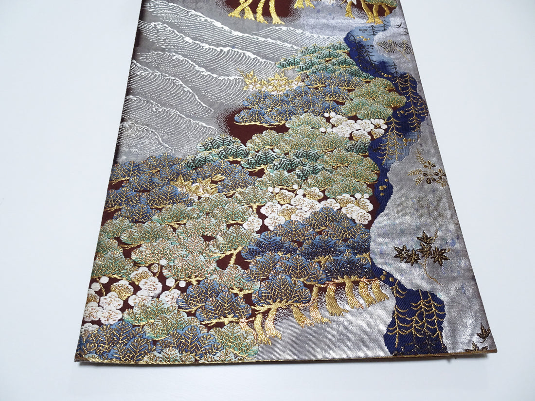 Japanese Kimono Silk Fukuro Obi Pine and Waves Elegant Woven Pattern 18099