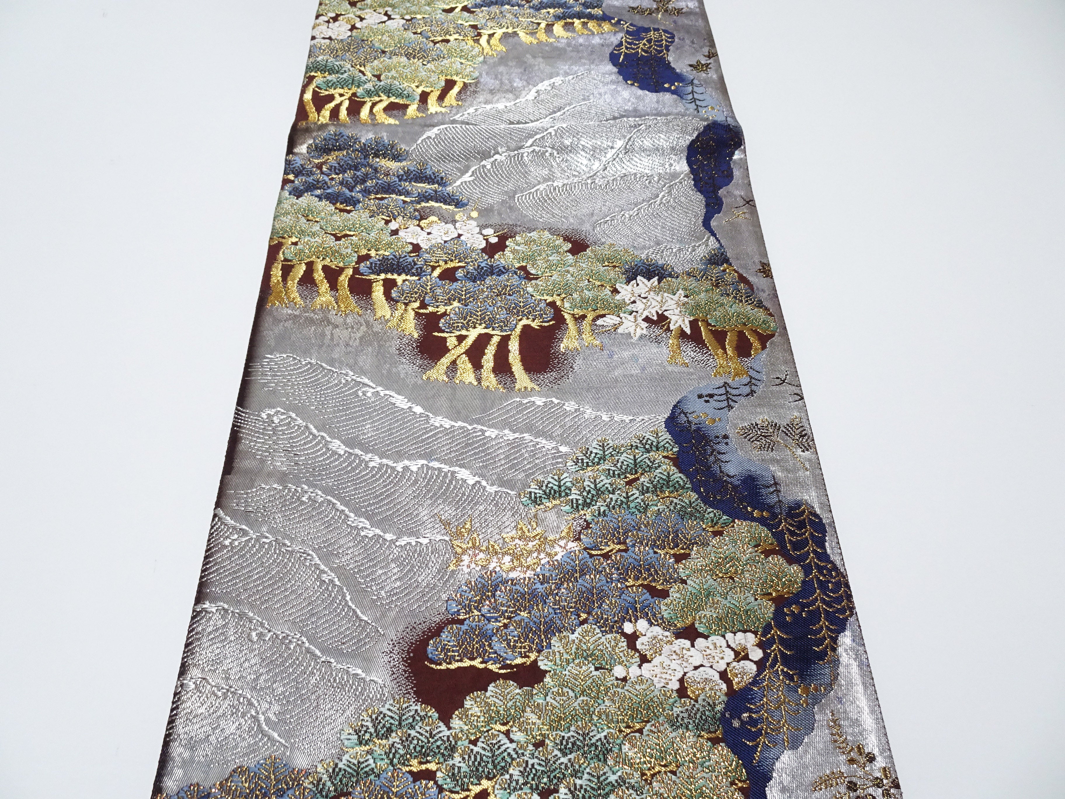 Japanese Kimono Silk Fukuro Obi Pine and Waves Elegant Woven Pattern 18099