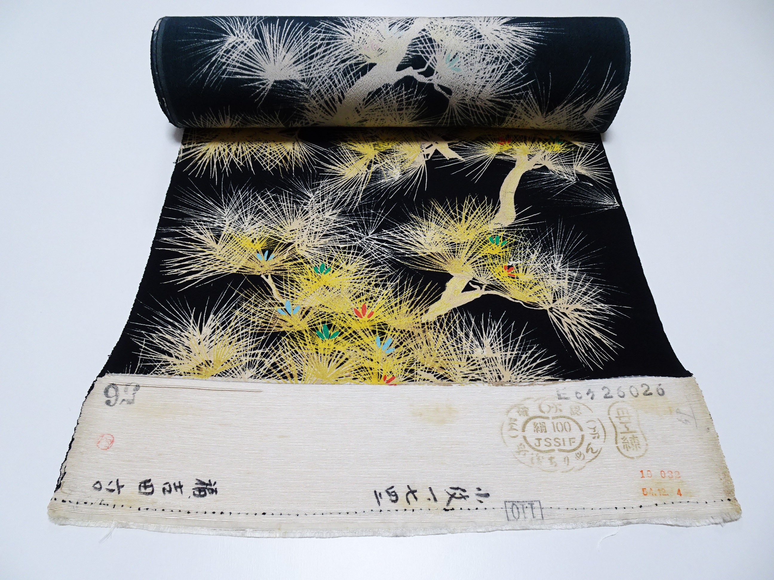 Rare Antique Tango Chirimen Kimono Fabric – Pine Motif on Black Taisho–Early Showa Era | Exceptionally Soft Silk Komon Bolt 14278
