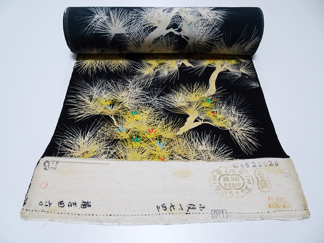 Rare Antique Tango Chirimen Kimono Fabric – Pine Motif on Black Taisho–Early Showa Era | Exceptionally Soft Silk Komon Bolt 14278