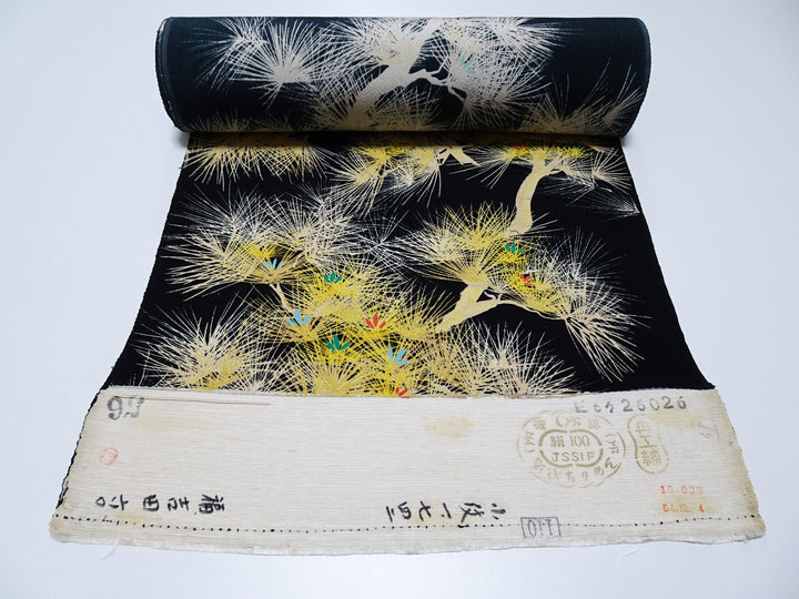 Rare Antique Tango Chirimen Kimono Fabric – Pine Motif on Black Taisho–Early Showa Era | Exceptionally Soft Silk Komon Bolt 14278