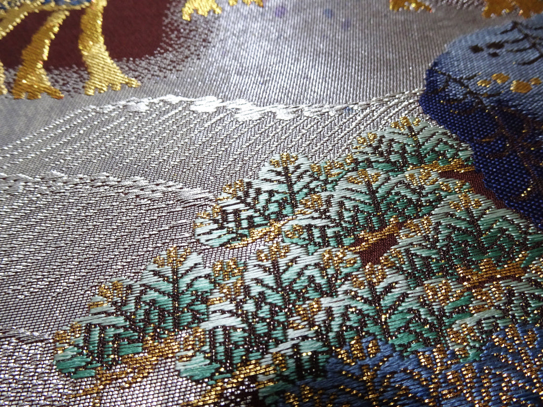 Japanese Kimono Silk Fukuro Obi Pine and Waves Elegant Woven Pattern 18099