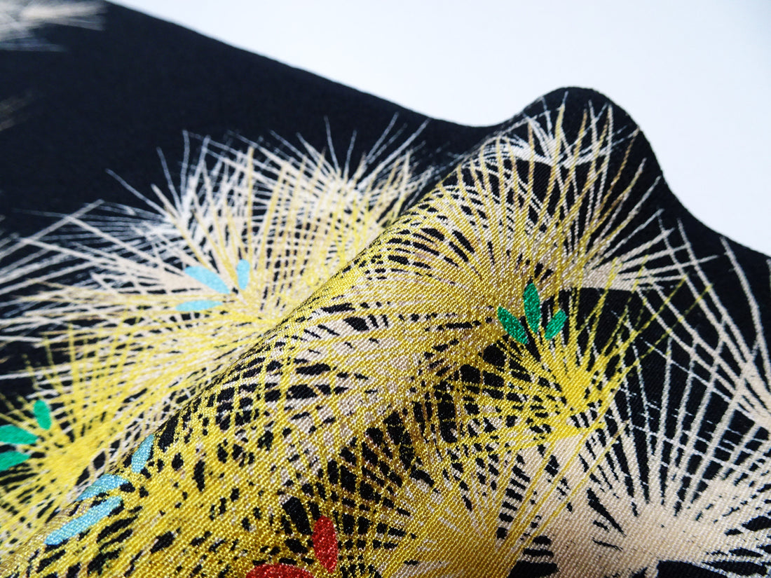 Rare Antique Tango Chirimen Kimono Fabric – Pine Motif on Black Taisho–Early Showa Era | Exceptionally Soft Silk Komon Bolt 14278