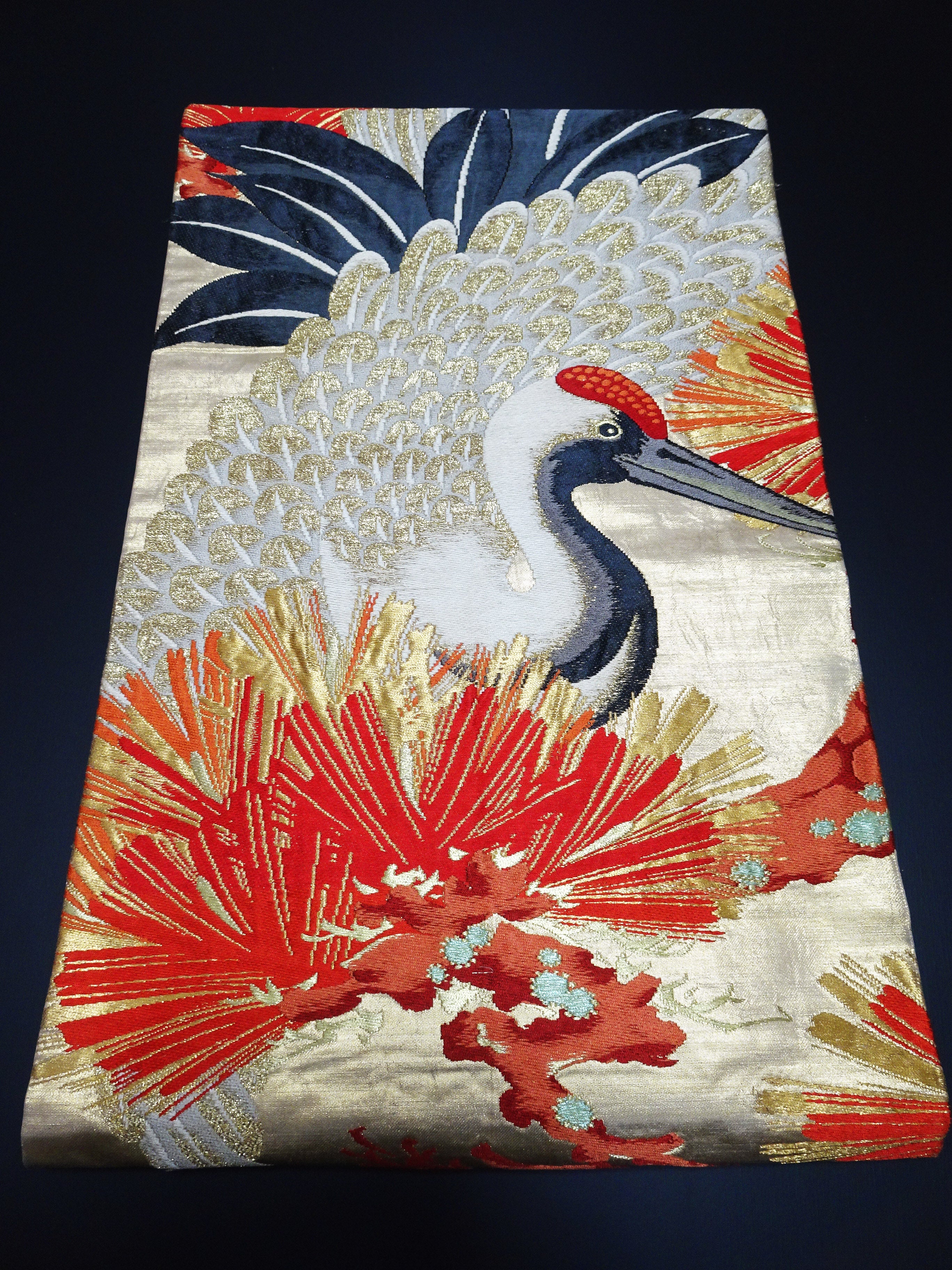 Japanese Antique Maru Obi – Double-Sided All-Over Design  magnificent cranes 17516