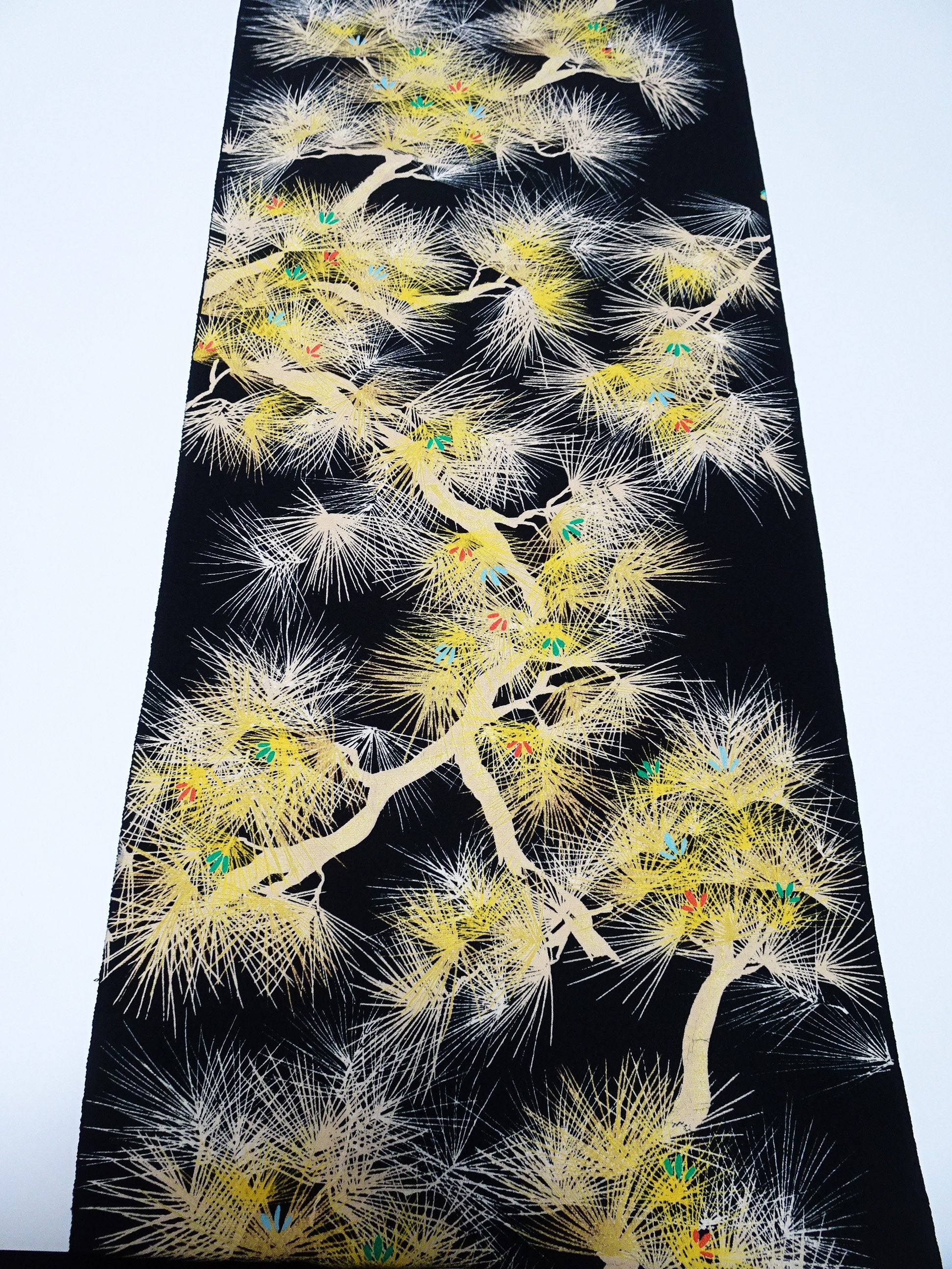 Rare Antique Tango Chirimen Kimono Fabric – Pine Motif on Black Taisho–Early Showa Era | Exceptionally Soft Silk Komon Bolt 14278