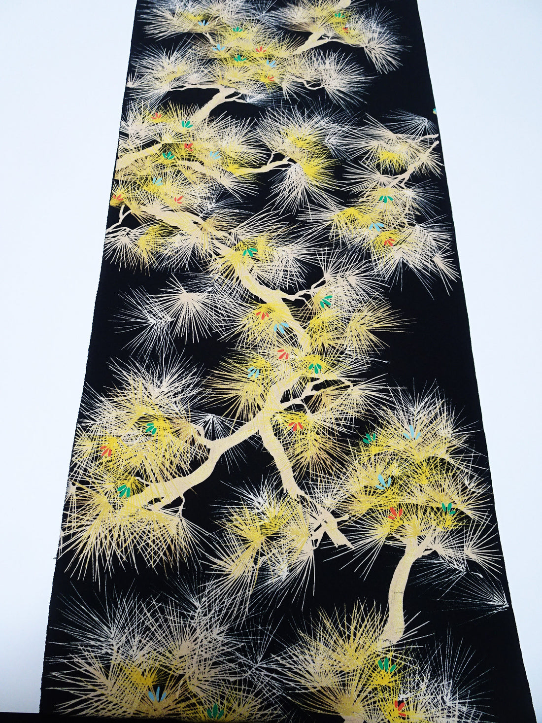 Rare Antique Tango Chirimen Kimono Fabric – Pine Motif on Black Taisho–Early Showa Era | Exceptionally Soft Silk Komon Bolt 14278