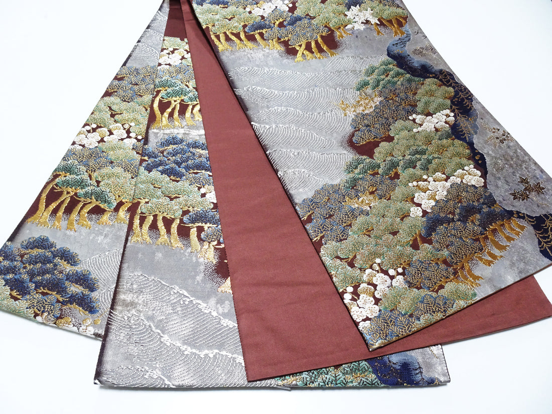 Japanese Kimono Silk Fukuro Obi Pine and Waves Elegant Woven Pattern 18099