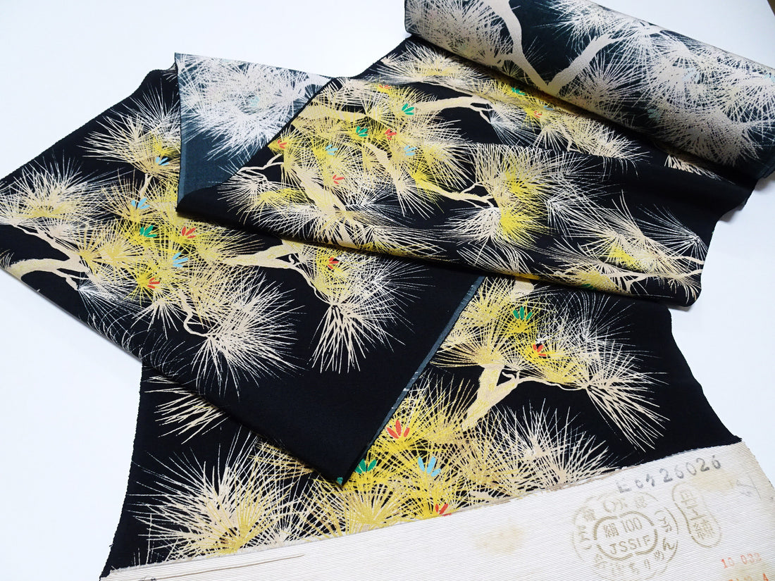 Rare Antique Tango Chirimen Kimono Fabric – Pine Motif on Black Taisho–Early Showa Era | Exceptionally Soft Silk Komon Bolt 14278