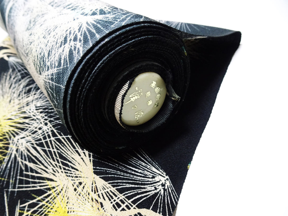 Rare Antique Tango Chirimen Kimono Fabric – Pine Motif on Black Taisho–Early Showa Era | Exceptionally Soft Silk Komon Bolt 14278
