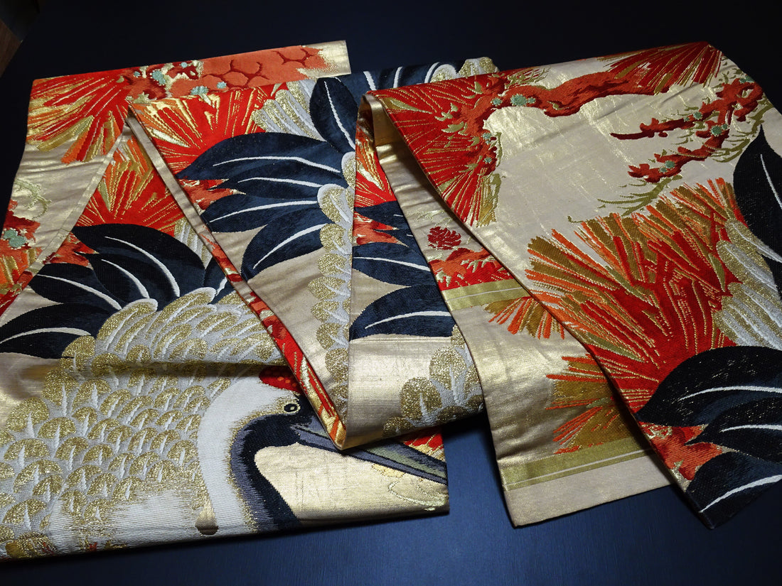 Japanese Antique Maru Obi – Double-Sided All-Over Design  magnificent cranes 17516