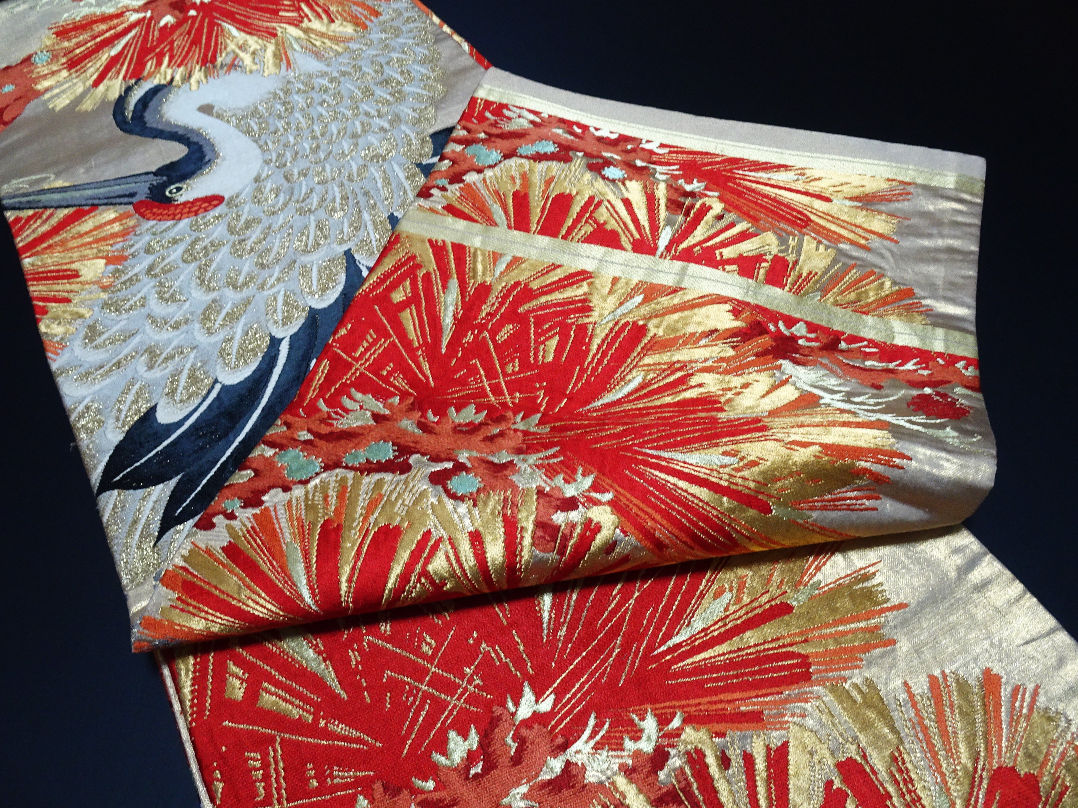 Japanese Antique Maru Obi – Double-Sided All-Over Design  magnificent cranes 17516