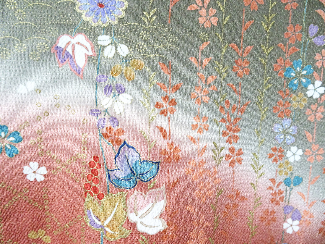 Japanese Kimono Chirimen Silk Homongi Bokashi Dyed Luxurious Floral Pattern 18101
