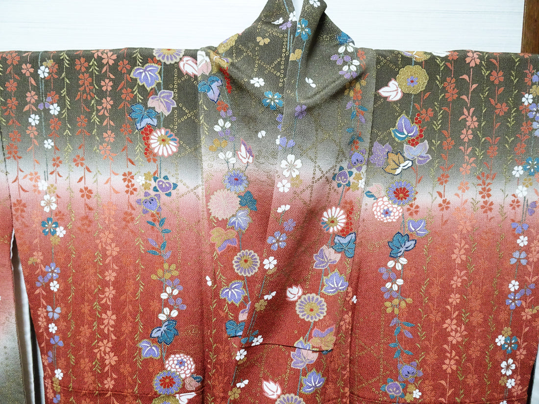 Japanese Kimono Chirimen Silk Homongi Bokashi Dyed Luxurious Floral Pattern 18101