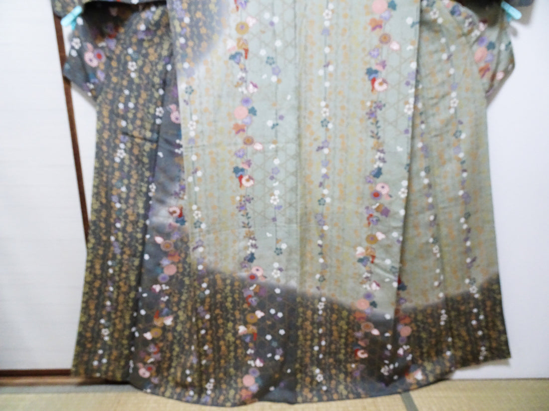 Japanese Kimono Chirimen Silk Homongi Bokashi Dyed Luxurious Floral Pattern 18103