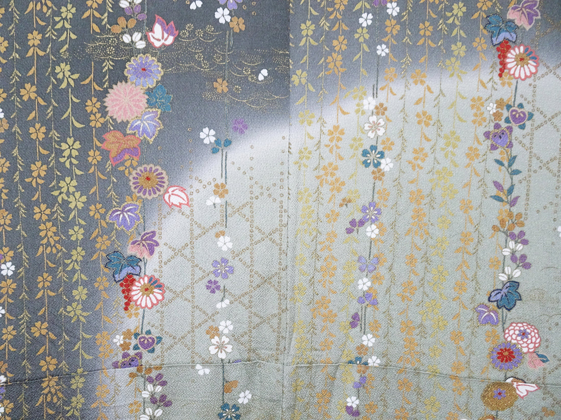 Japanese Kimono Chirimen Silk Homongi Bokashi Dyed Luxurious Floral Pattern 18103