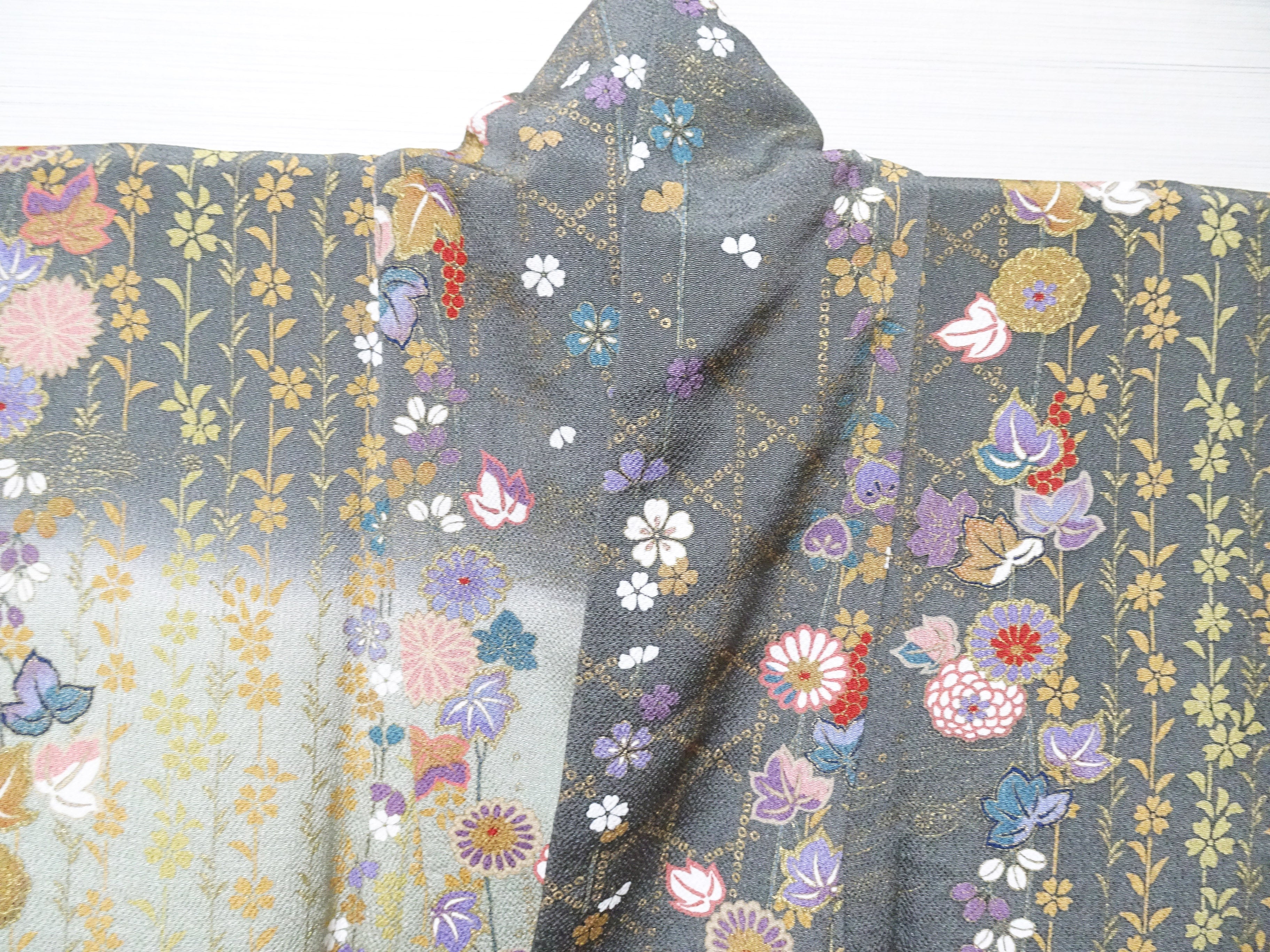 Japanese Kimono Chirimen Silk Homongi Bokashi Dyed Luxurious Floral Pattern 18103