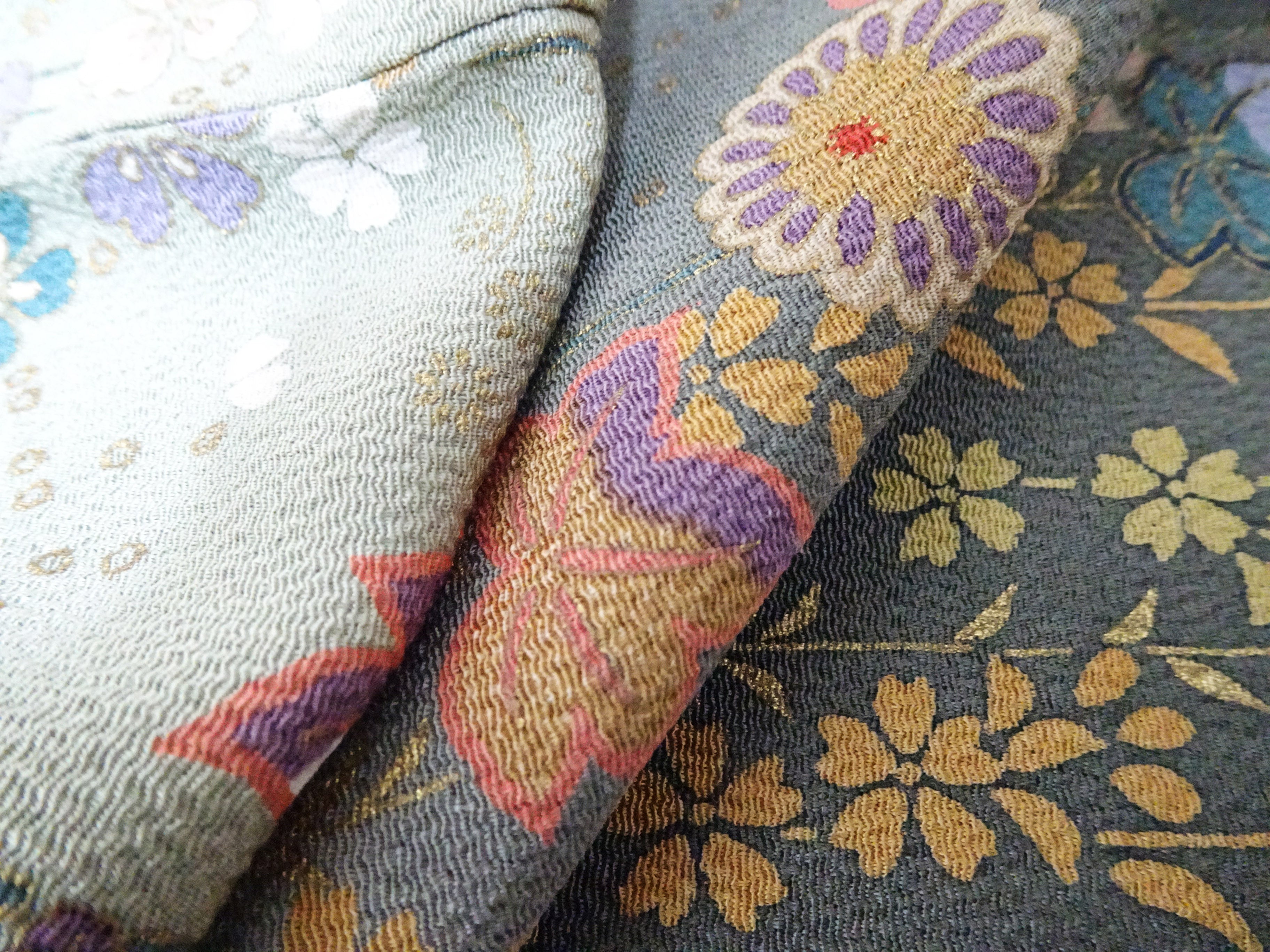 Japanese Kimono Chirimen Silk Homongi Bokashi Dyed Luxurious Floral Pattern 18103