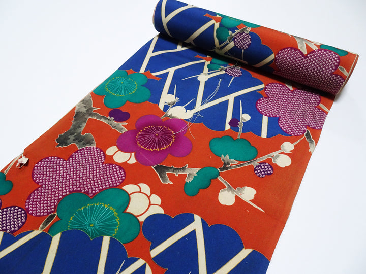 Japanese Rare Antique Japanese Kimono Fabric Bolt – Taisho to Early Showa Era, Hand-Dyed Plum Blossom Design, Deadstock  16012