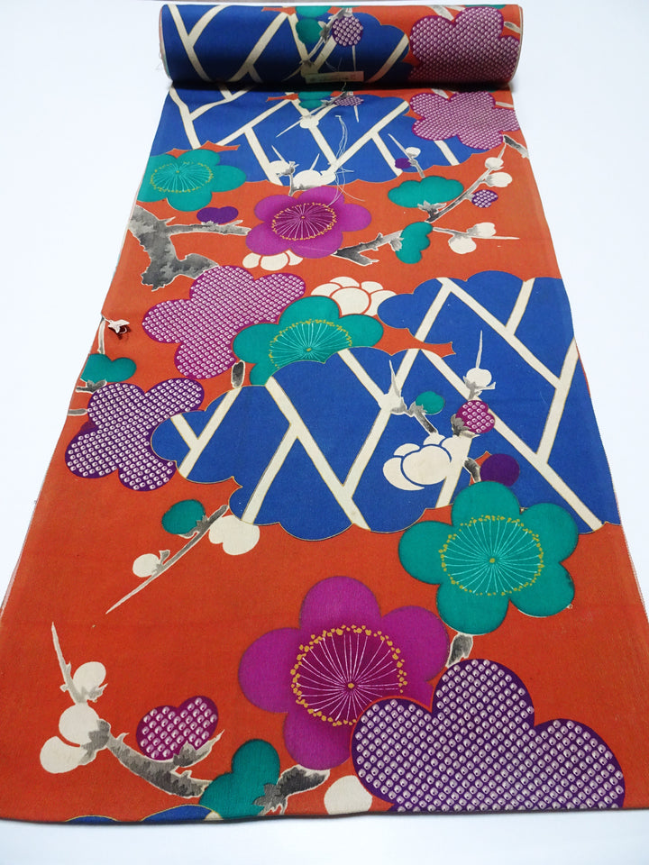 Japanese Rare Antique Japanese Kimono Fabric Bolt – Taisho to Early Showa Era, Hand-Dyed Plum Blossom Design, Deadstock  16012