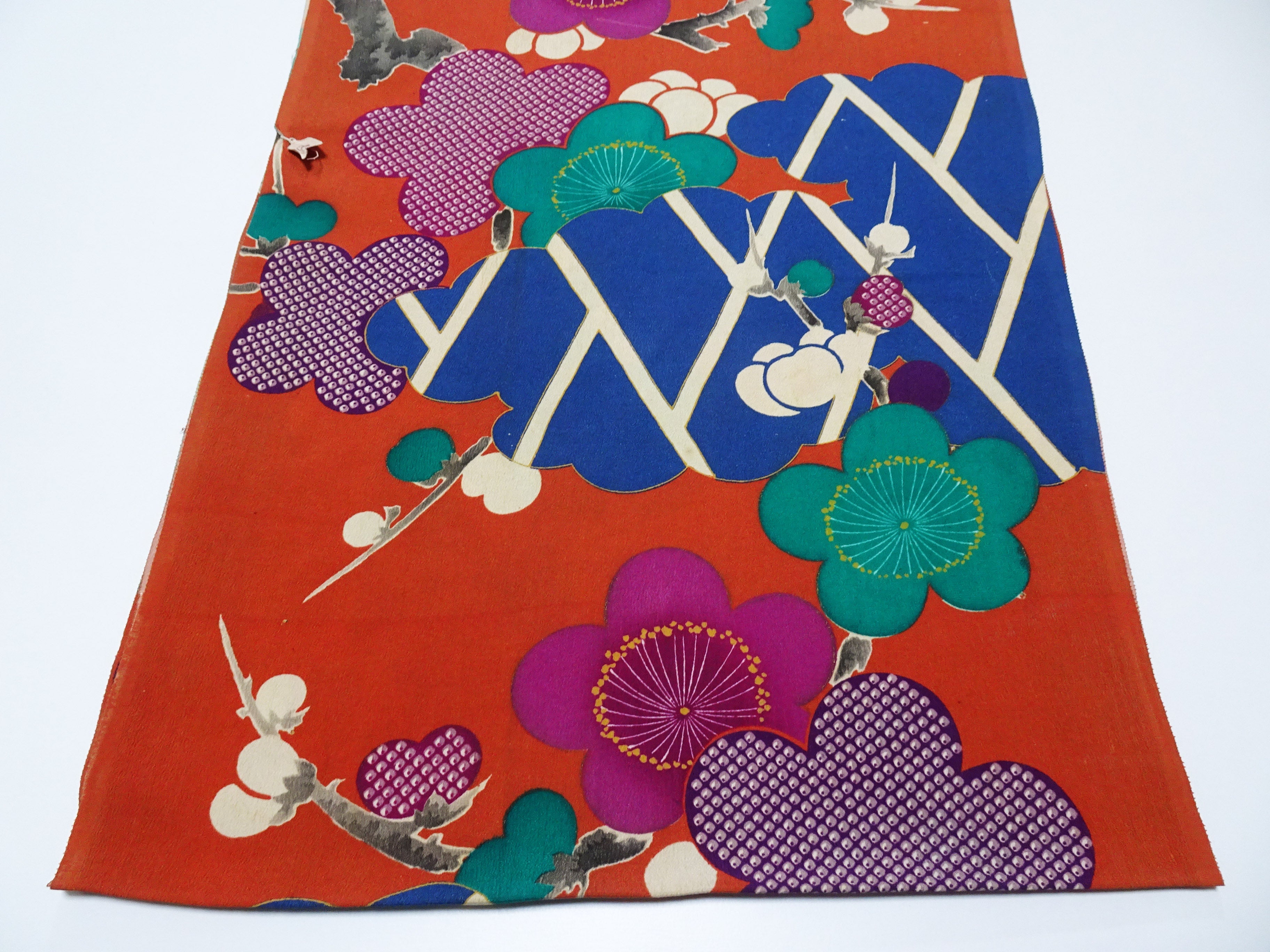 Japanese Rare Antique Japanese Kimono Fabric Bolt – Taisho to Early Showa Era, Hand-Dyed Plum Blossom Design, Deadstock  16012