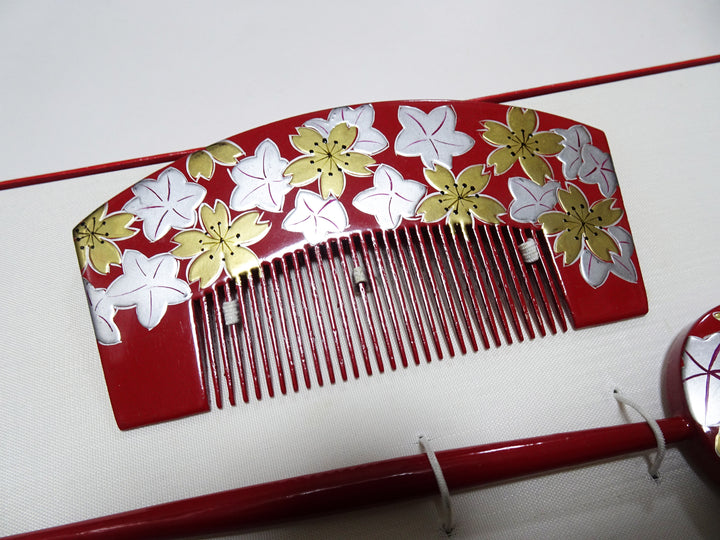Japanese Vintage Wooden Kanzashi Sets Urushi & Makie & Raden 15135