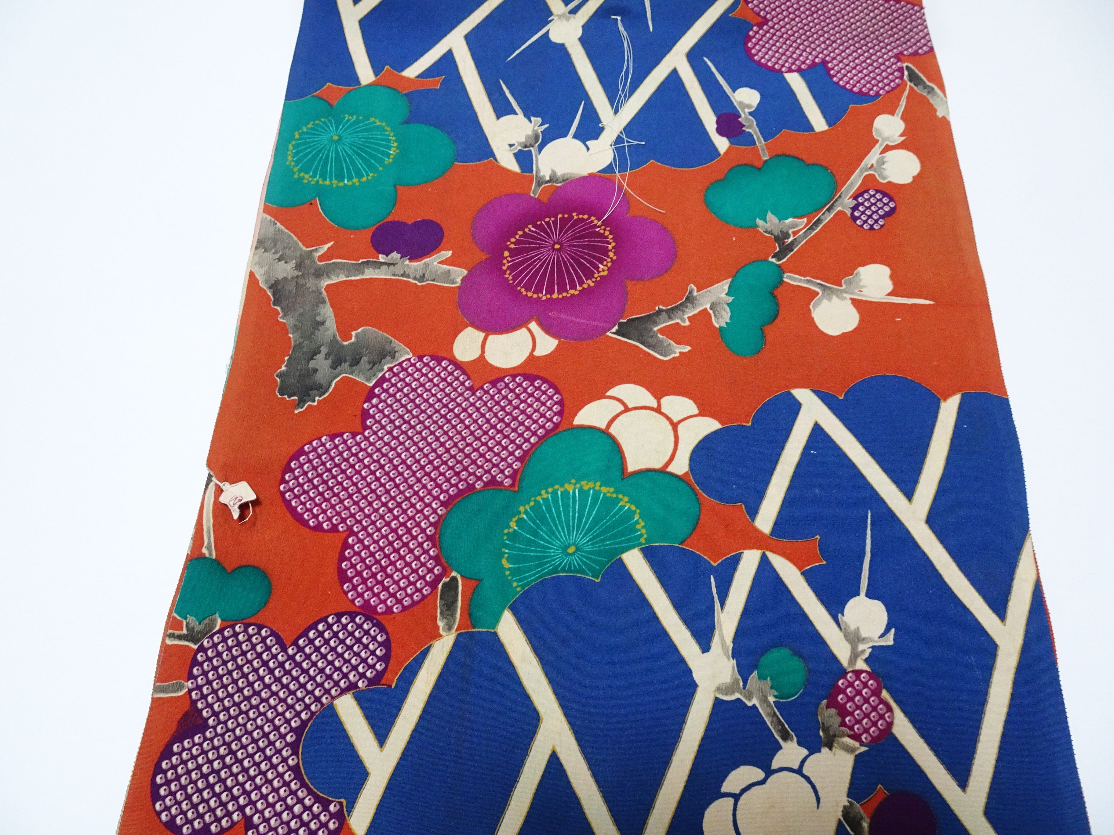 Japanese Rare Antique Japanese Kimono Fabric Bolt – Taisho to Early Showa Era, Hand-Dyed Plum Blossom Design, Deadstock  16012