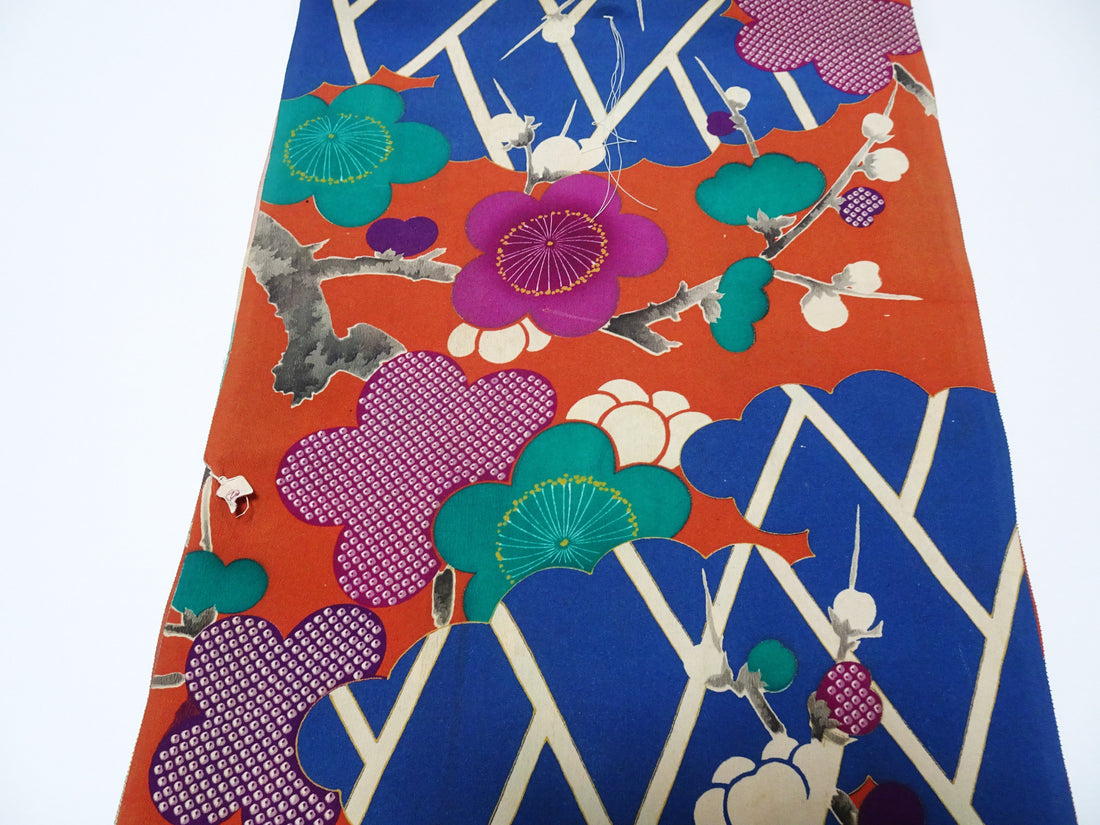 Japanese Rare Antique Japanese Kimono Fabric Bolt – Taisho to Early Showa Era, Hand-Dyed Plum Blossom Design, Deadstock  16012