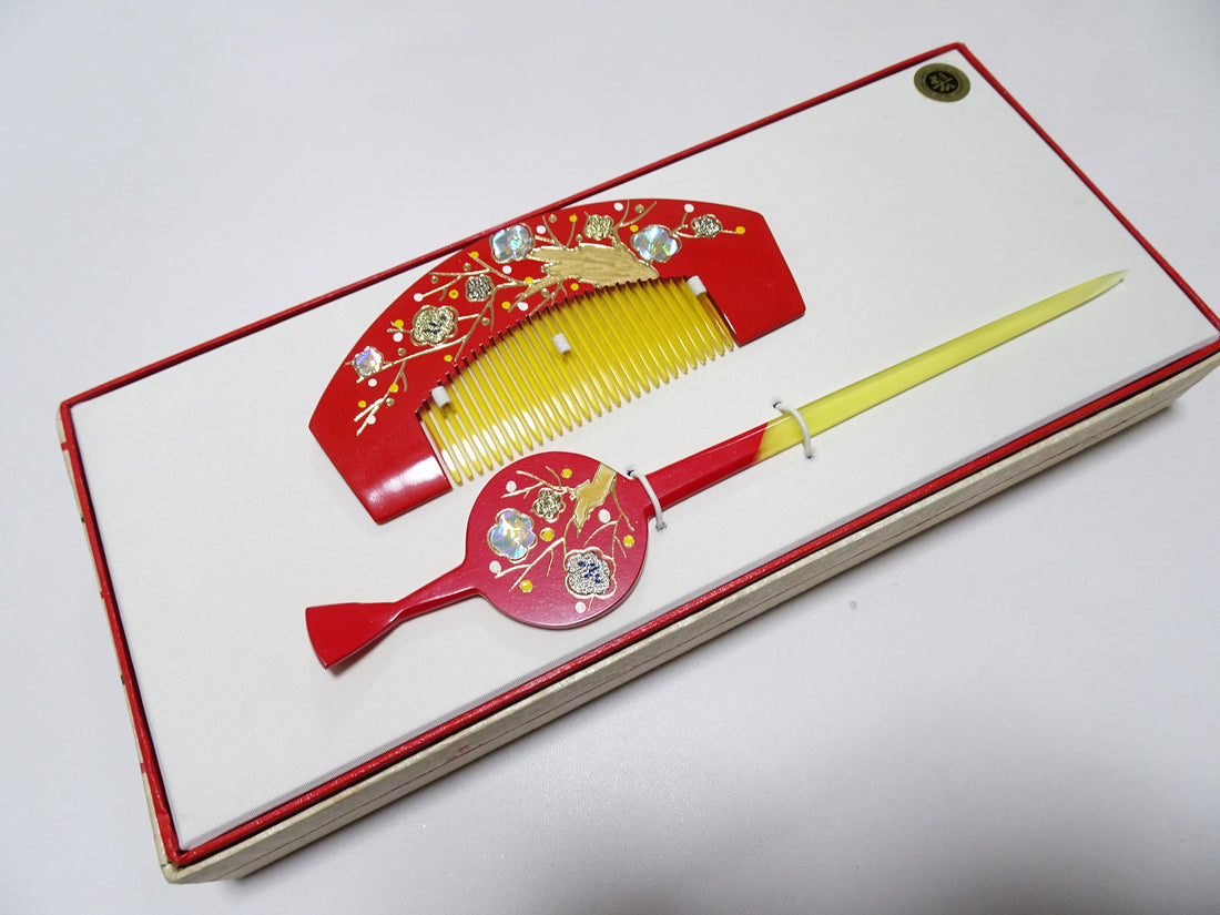 Japanese Vintage Resin Kanzashi Sets Urushi & Makie & Raden 15136