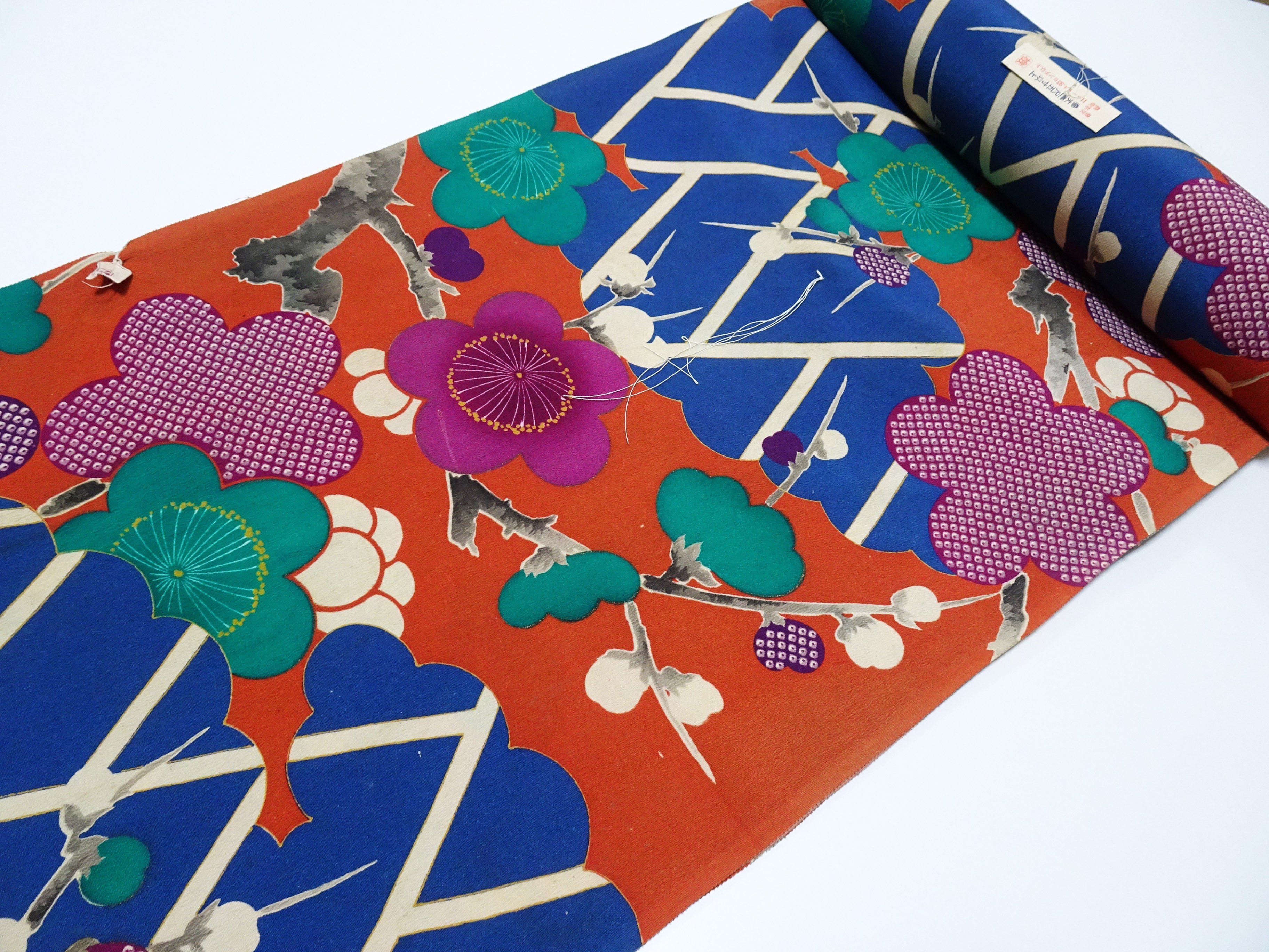 Japanese Rare Antique Japanese Kimono Fabric Bolt – Taisho to Early Showa Era, Hand-Dyed Plum Blossom Design, Deadstock  16012