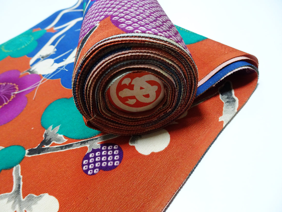 Japanese Rare Antique Japanese Kimono Fabric Bolt – Taisho to Early Showa Era, Hand-Dyed Plum Blossom Design, Deadstock  16012