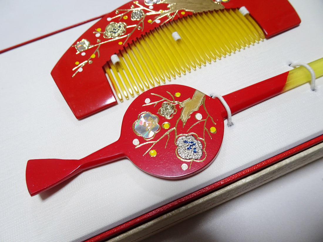 Japanese Vintage Resin Kanzashi Sets Urushi & Makie & Raden 15136