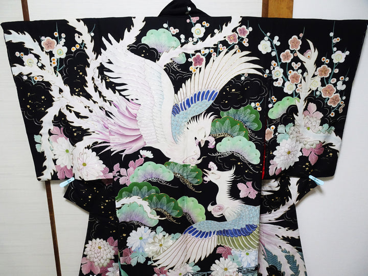 Japanese Antique Rare Taishō Uchikake with Phoenix Motifs – Yuzen Art & Gold Embroidery / Black 17524